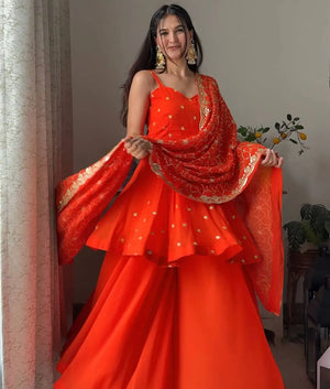 Embroidered Faux Georgette Peplum Plazo Set