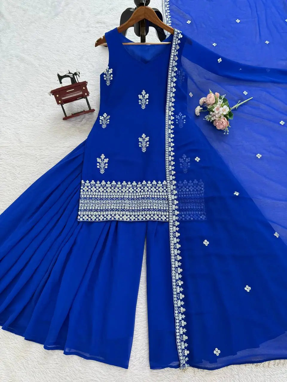 Embroidered Faux Georgette Plazo Suit Set