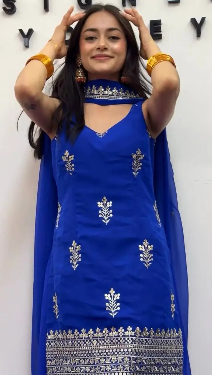 Embroidered Faux Georgette Plazo Suit Set