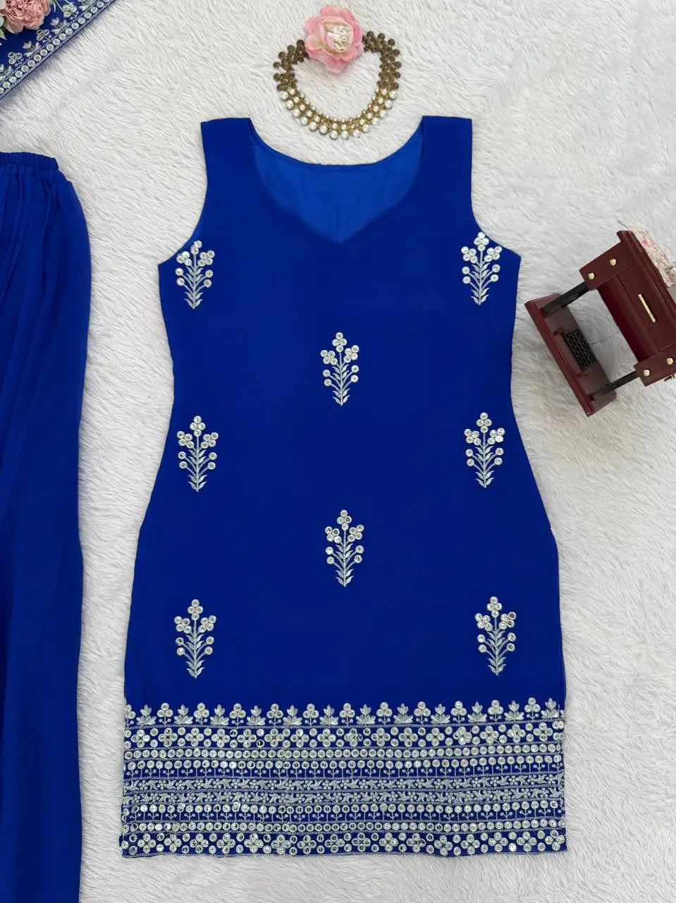 Embroidered Faux Georgette Plazo Suit Set