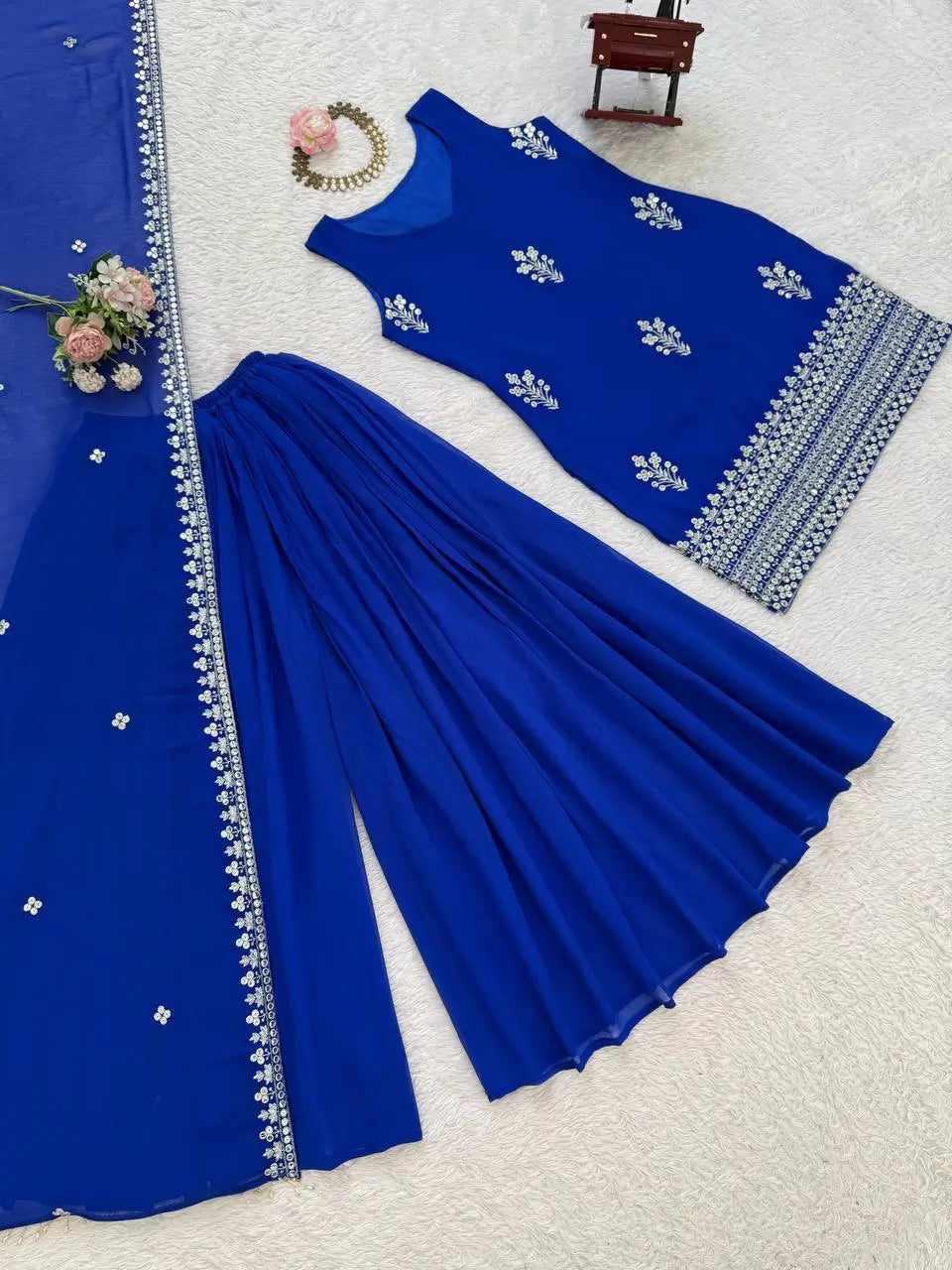 Embroidered Faux Georgette Plazo Suit Set