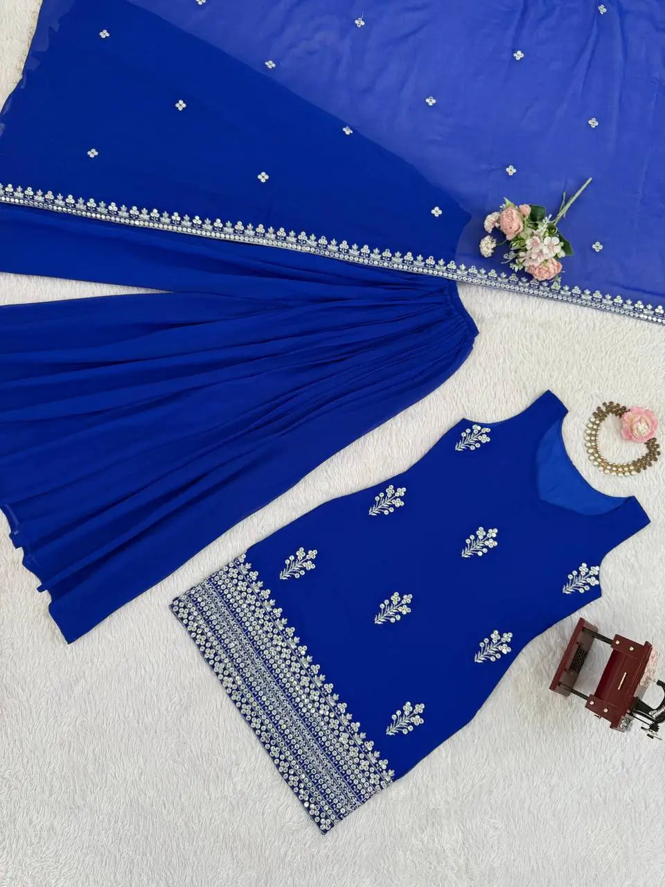 Embroidered Faux Georgette Plazo Suit Set