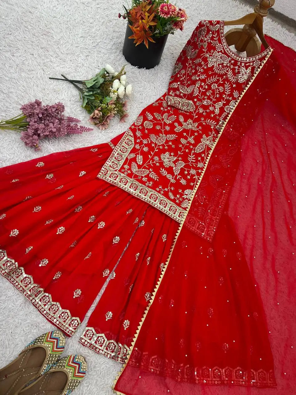 Embroidered Faux Georgette Plazzo Suit with Dupatta