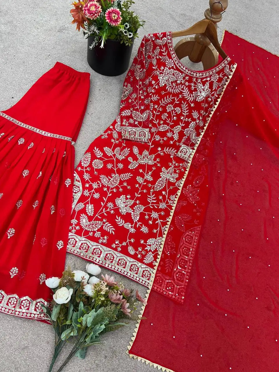 Embroidered Faux Georgette Plazzo Suit with Dupatta