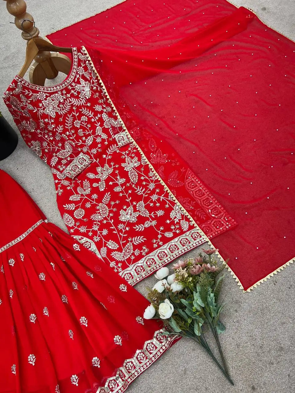 Embroidered Faux Georgette Plazzo Suit with Dupatta