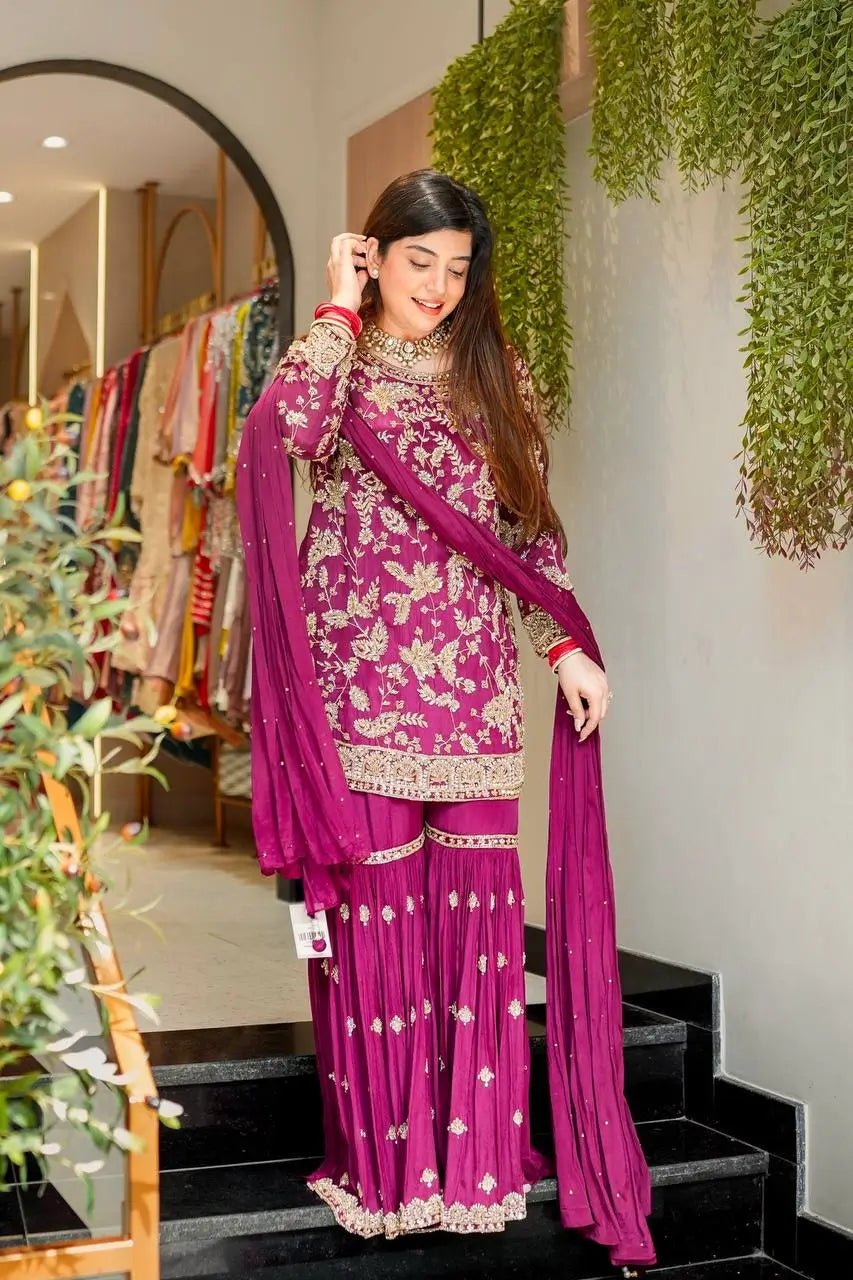 Embroidered Faux Georgette Plazzo Suit with Dupatta