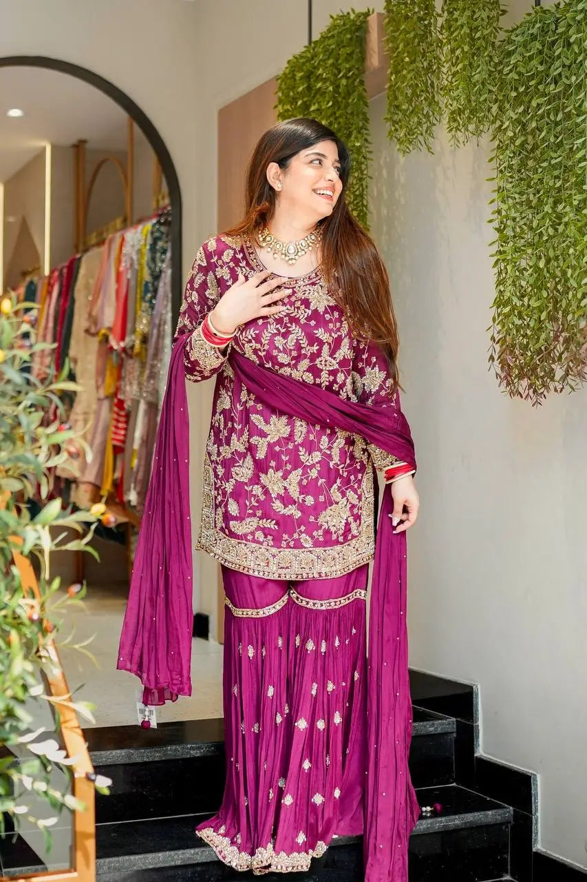 Embroidered Faux Georgette Plazzo Suit with Dupatta