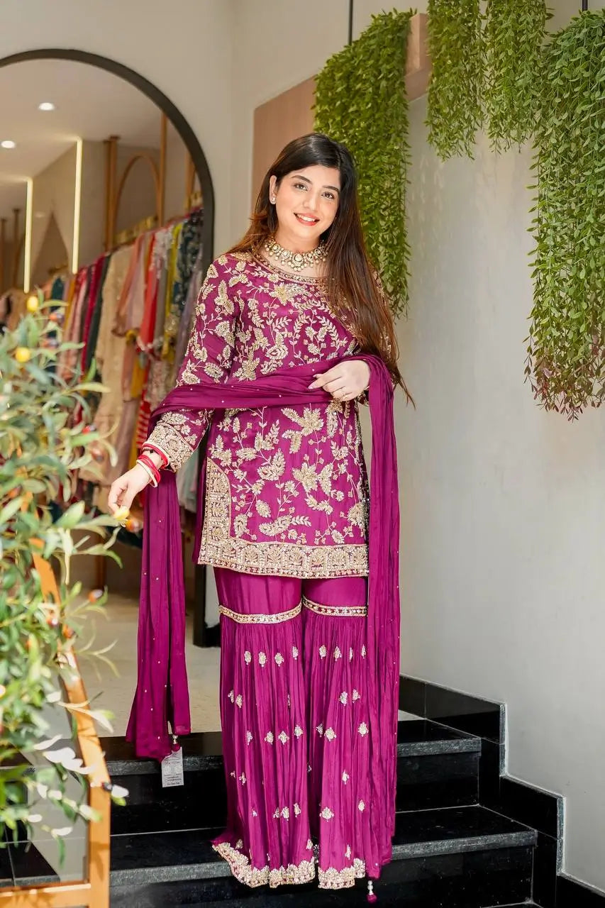 Embroidered Faux Georgette Plazzo Suit with Dupatta