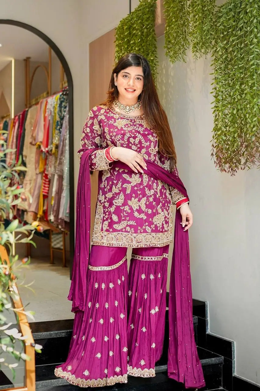 Embroidered Faux Georgette Plazzo Suit with Dupatta