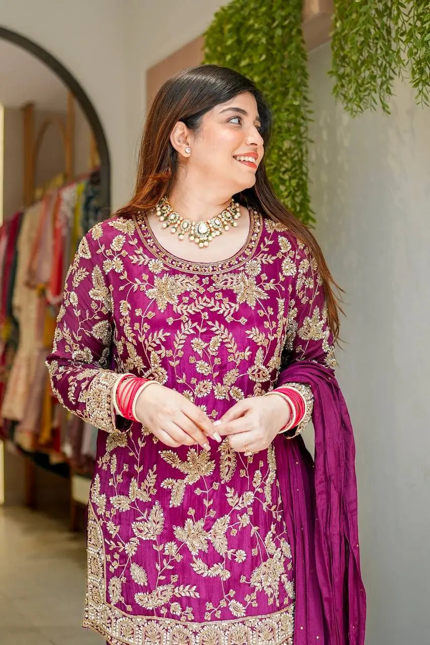 Embroidered Faux Georgette Plazzo Suit with Dupatta