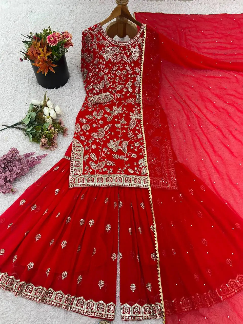 Embroidered Faux Georgette Plazzo Suit with Dupatta