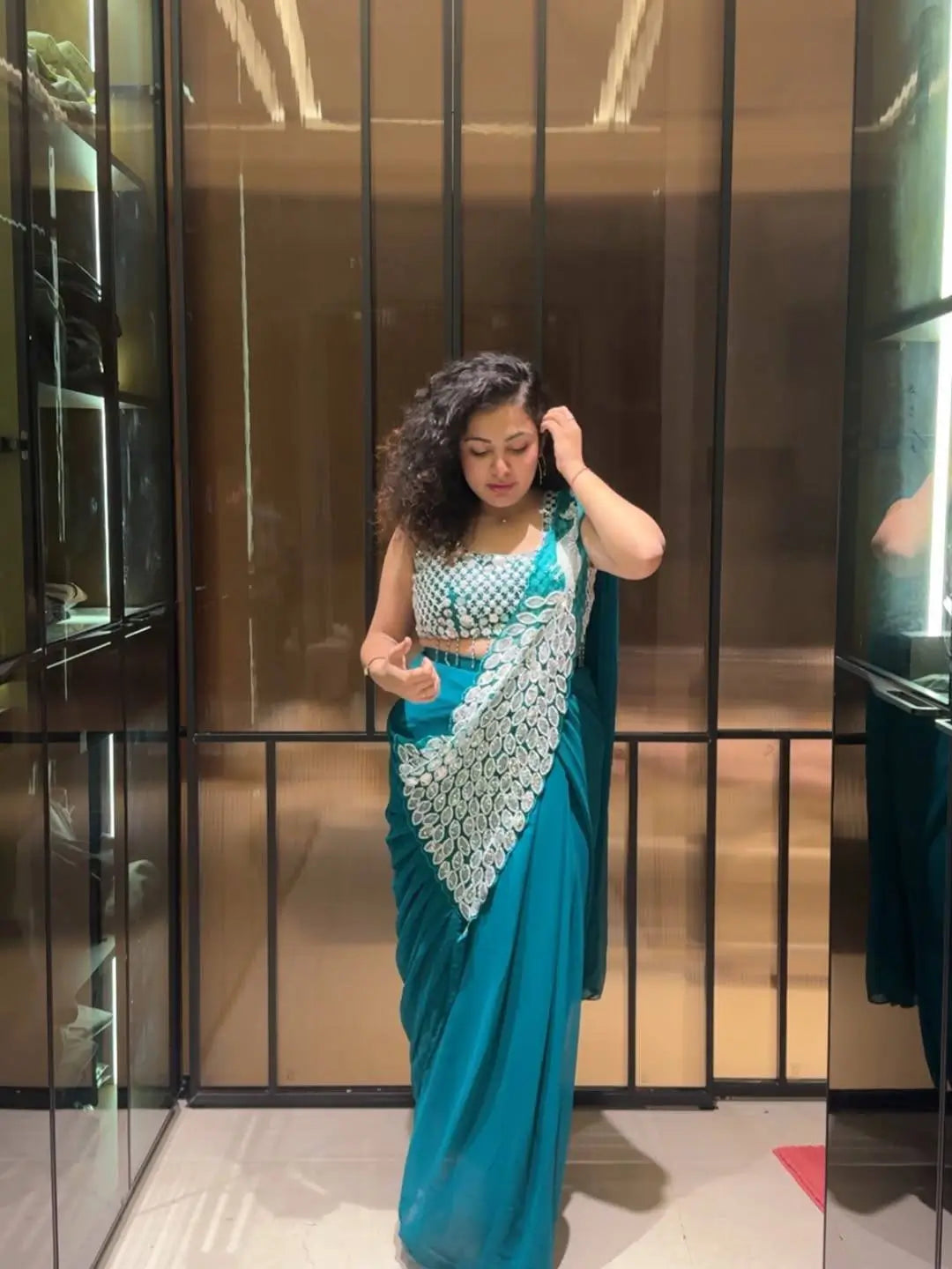 Embroidered Faux Georgette Ready to Wear Saree for Festive and Party Wear