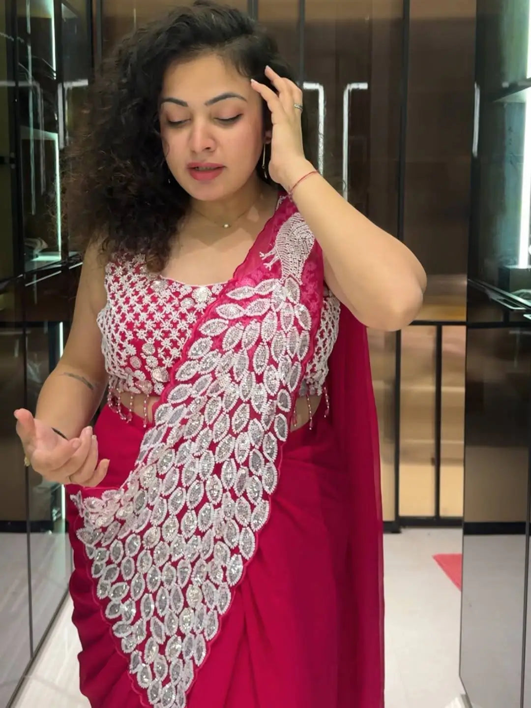 Embroidered Faux Georgette Ready to Wear Saree for Festive and Party Wear
