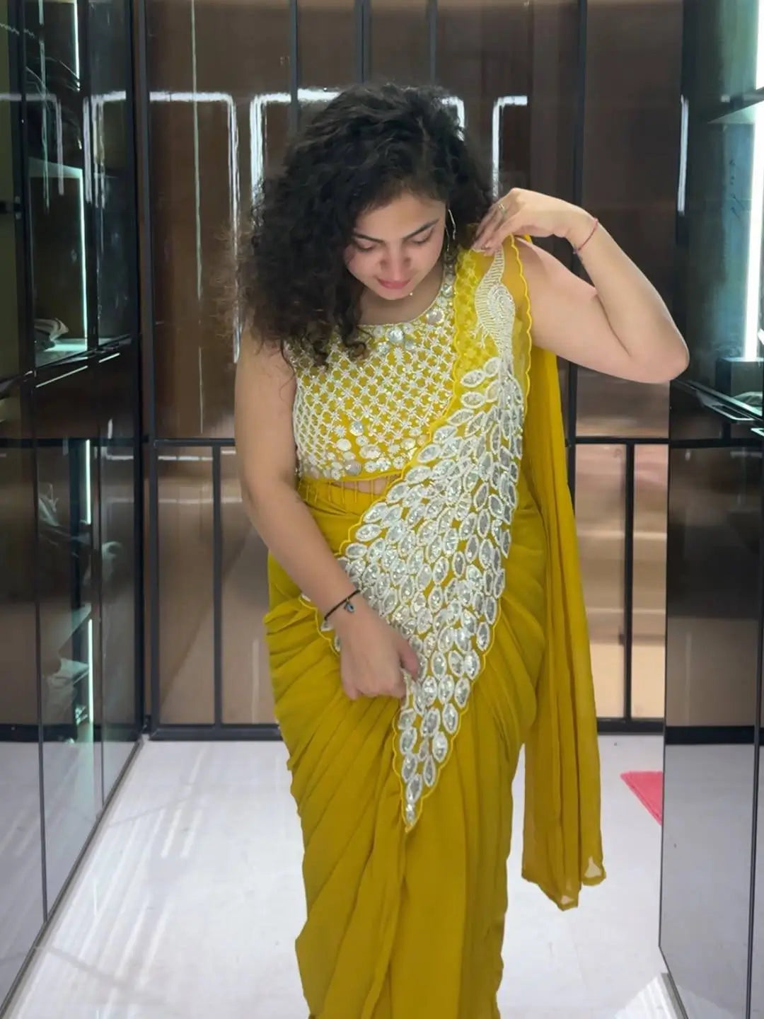 Embroidered Faux Georgette Ready to Wear Saree for Festive and Party Wear