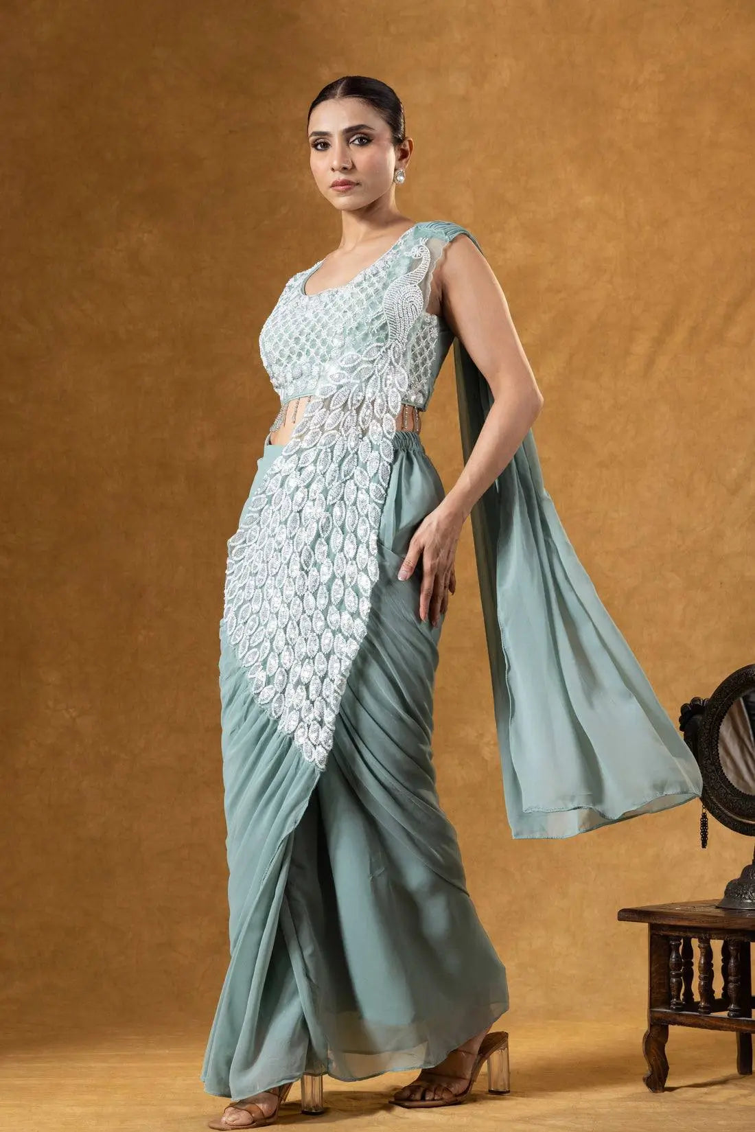 Embroidered Faux Georgette Ready to Wear Saree for Festive and Party Wear