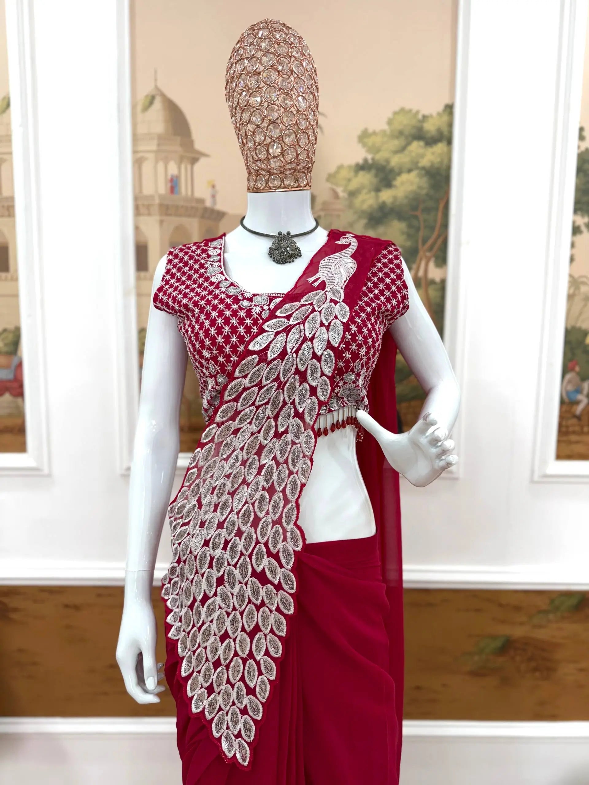 Embroidered Faux Georgette Ready to Wear Saree for Festive and Party Wear