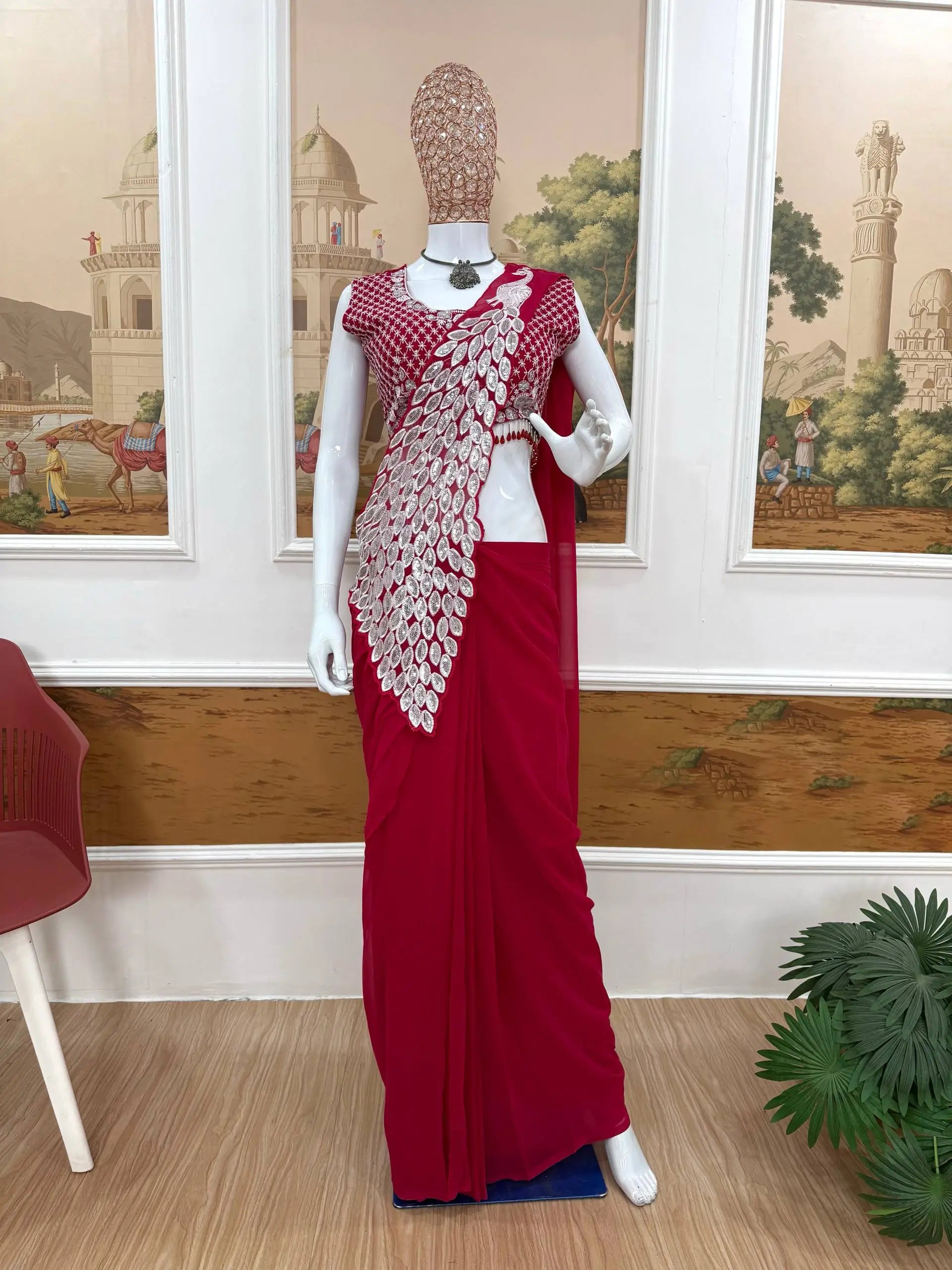 Embroidered Faux Georgette Ready to Wear Saree for Festive and Party Wear