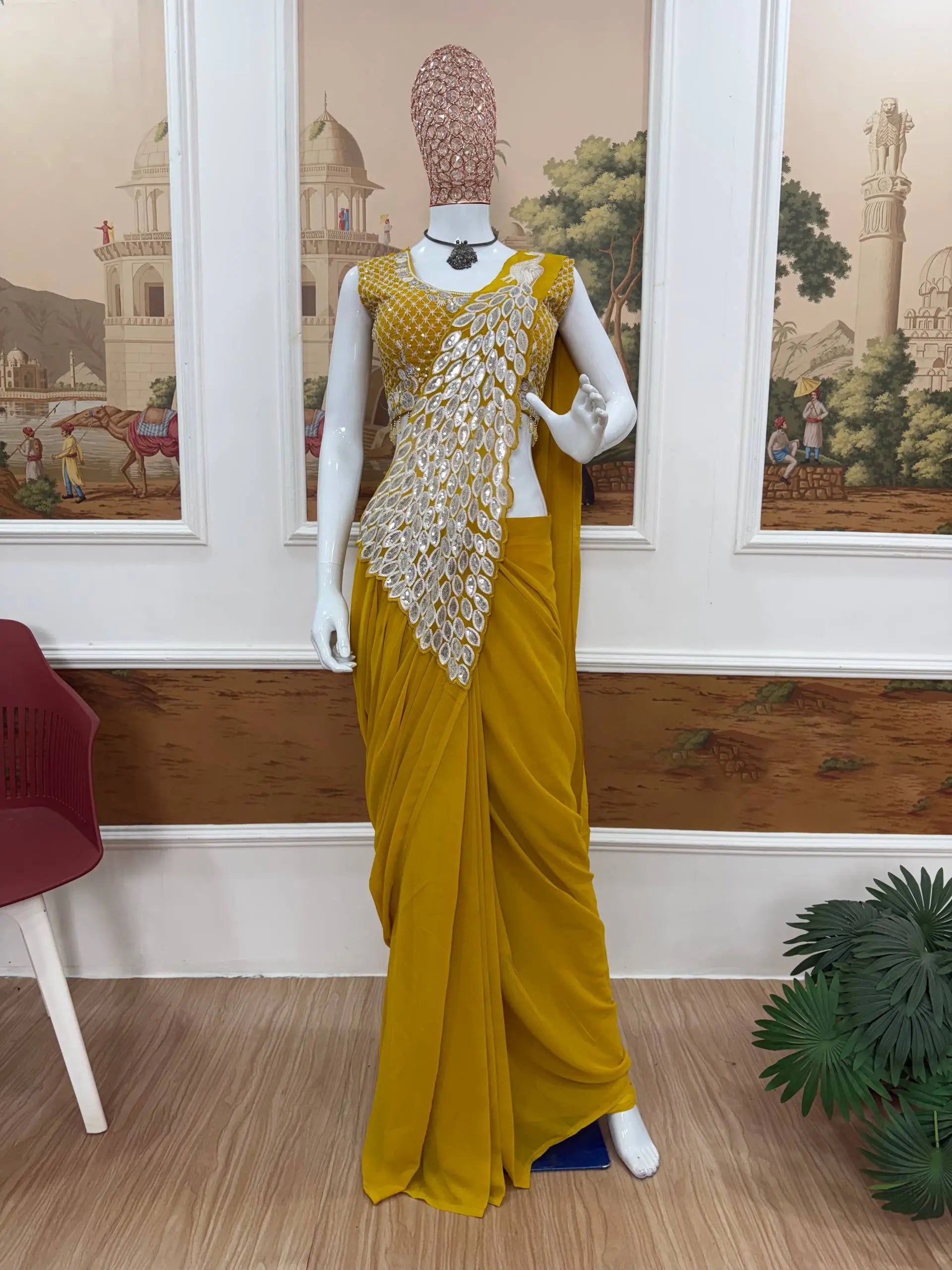 Embroidered Faux Georgette Ready to Wear Saree for Festive and Party Wear