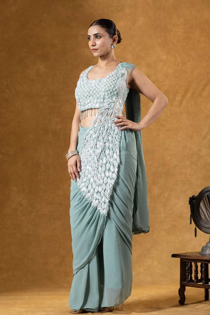 Embroidered Faux Georgette Ready to Wear Saree for Festive and Party Wear