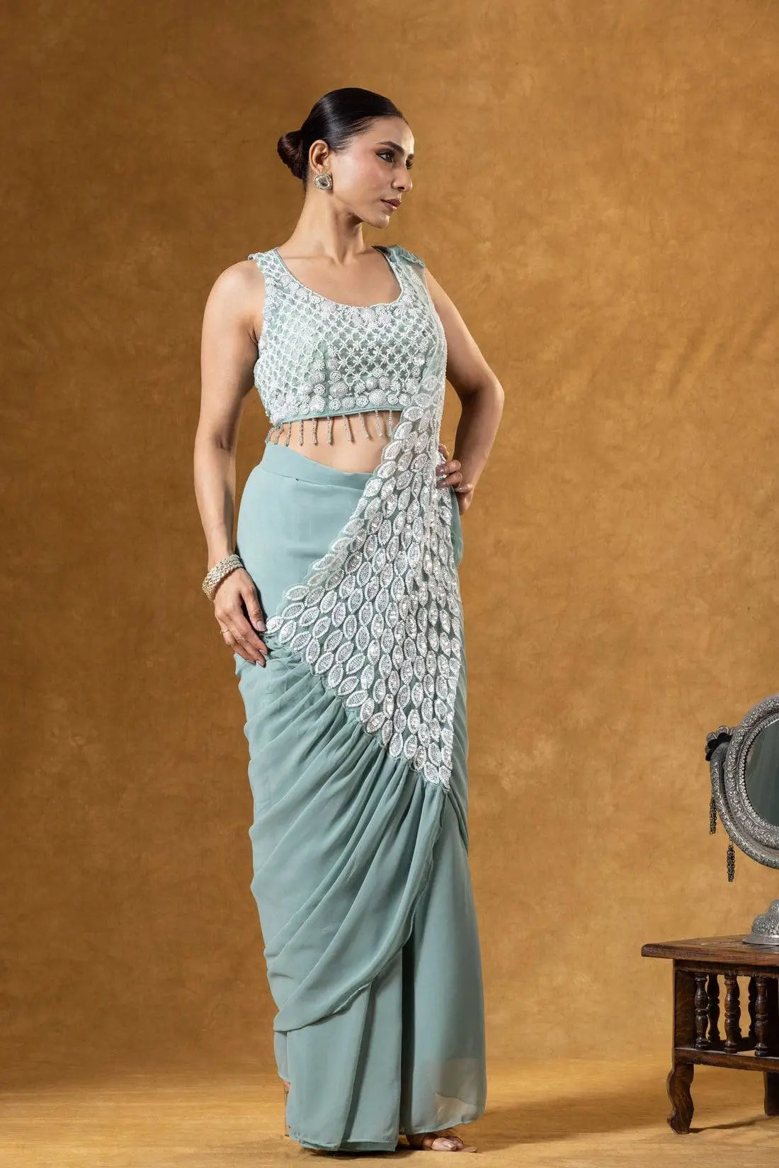 Embroidered Faux Georgette Ready to Wear Saree for Festive and Party Wear