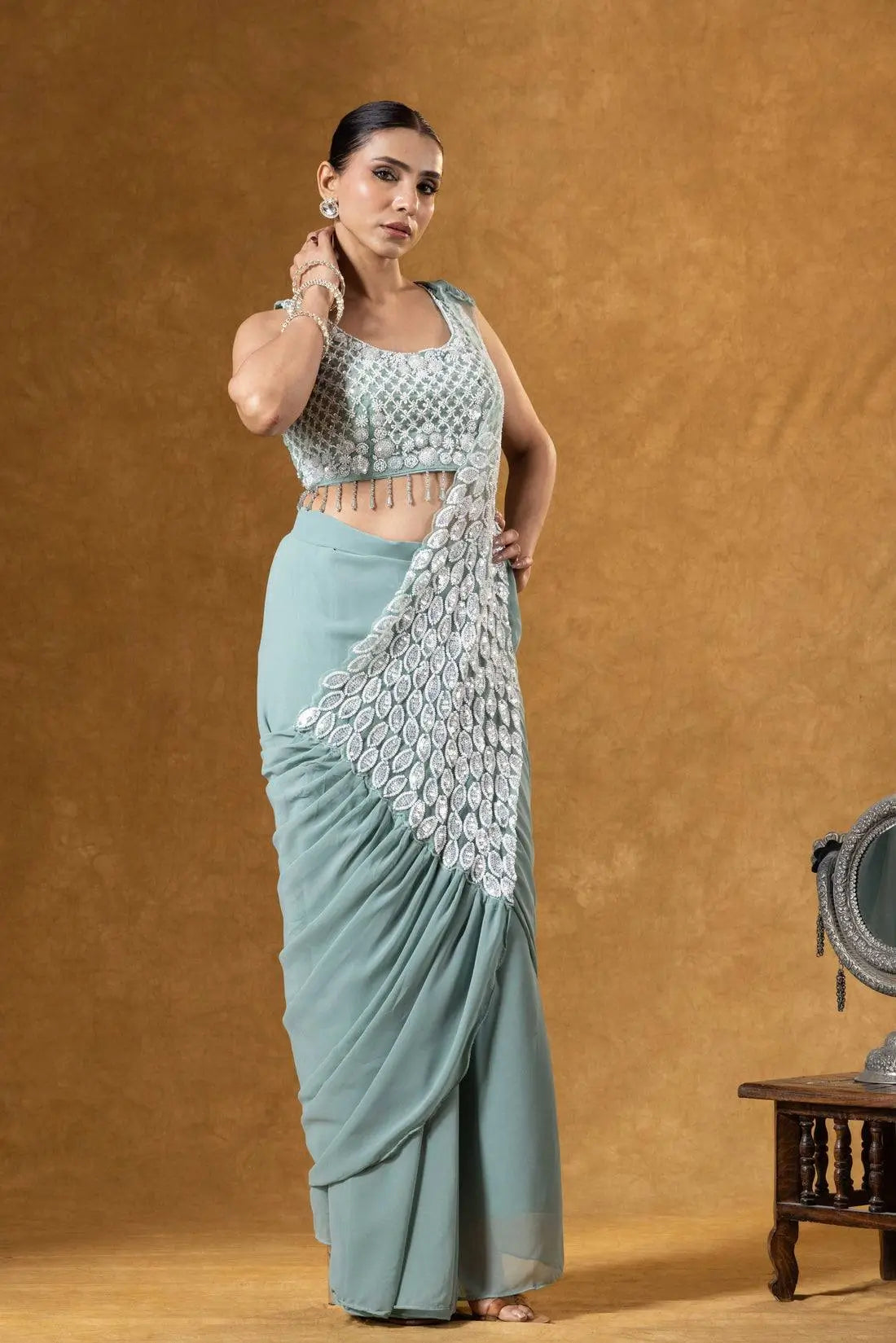 Embroidered Faux Georgette Ready to Wear Saree for Festive and Party Wear