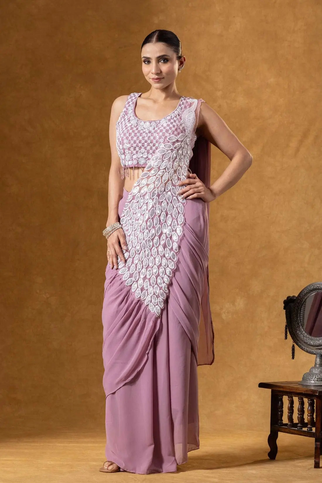 Embroidered Faux Georgette Ready to Wear Saree for Festive and Party Wear