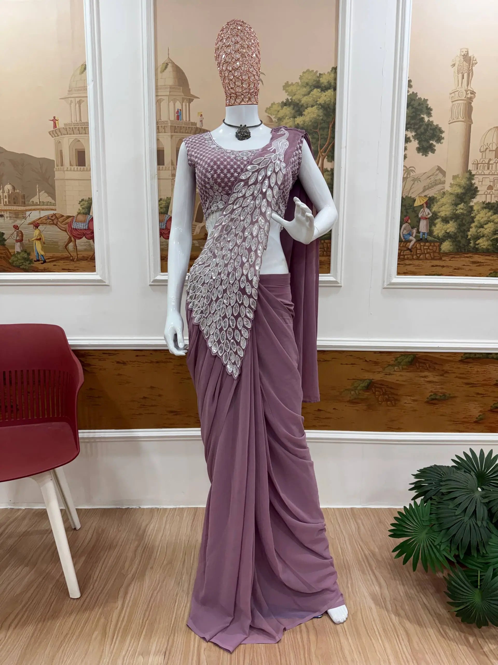 Embroidered Faux Georgette Ready to Wear Saree for Festive and Party Wear