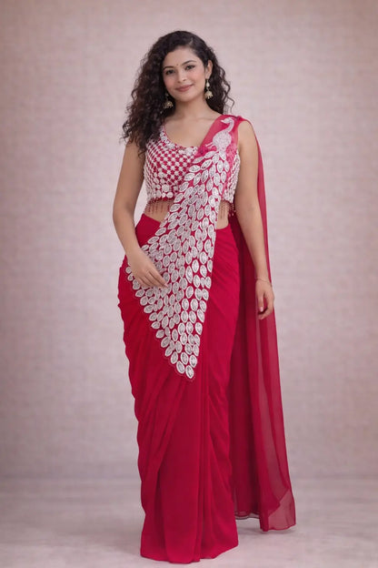 Embroidered Faux Georgette Ready to Wear Saree for Festive and Party Wear