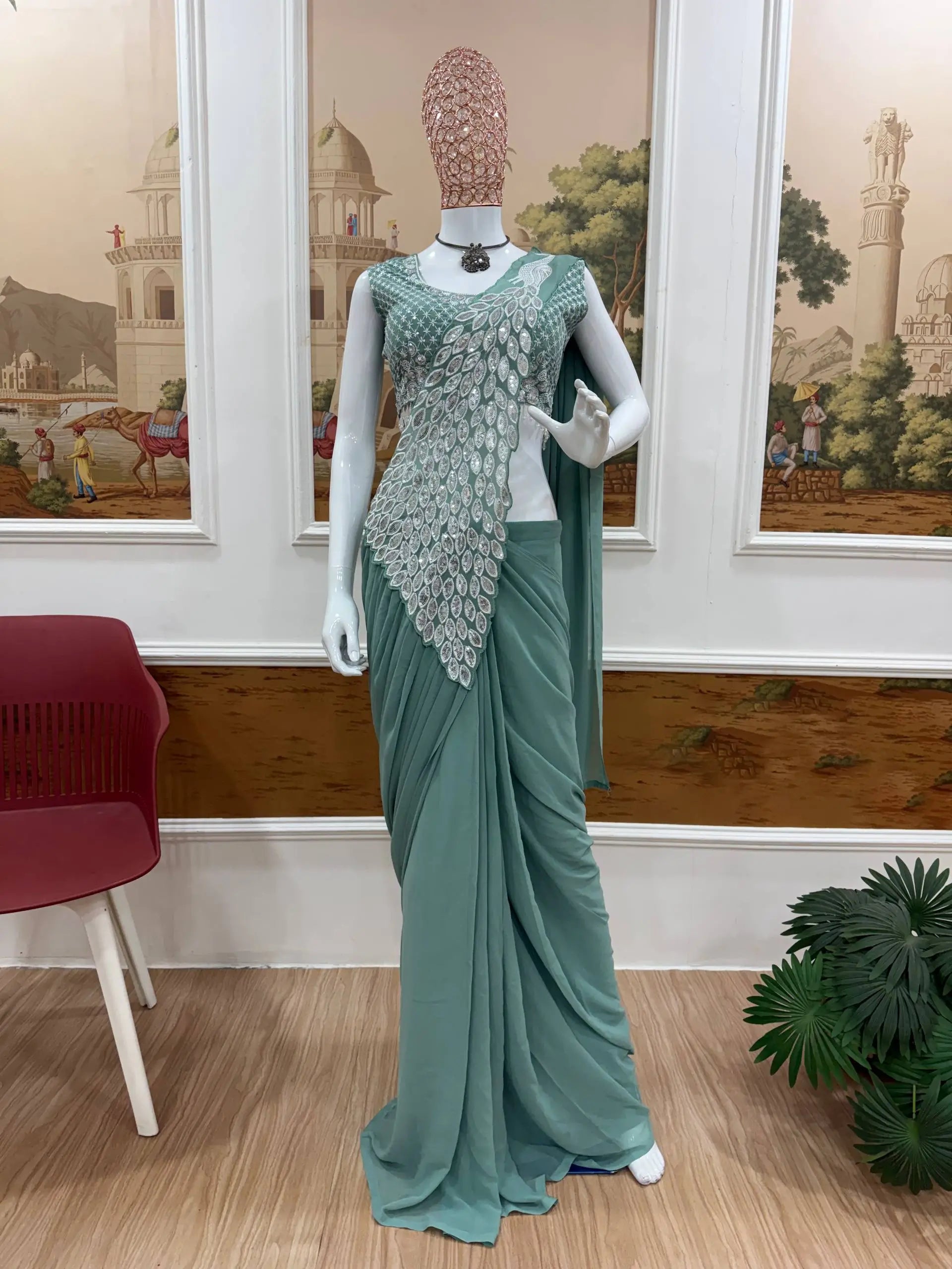 Embroidered Faux Georgette Ready to Wear Saree for Festive and Party Wear