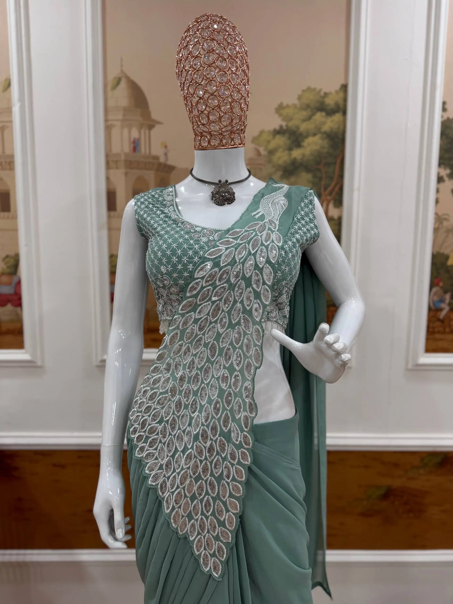 Embroidered Faux Georgette Ready to Wear Saree for Festive and Party Wear