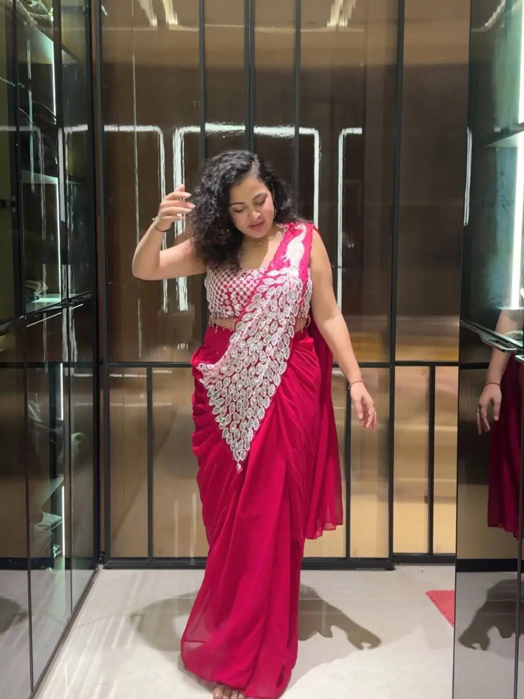Embroidered Faux Georgette Ready to Wear Saree for Festive and Party Wear