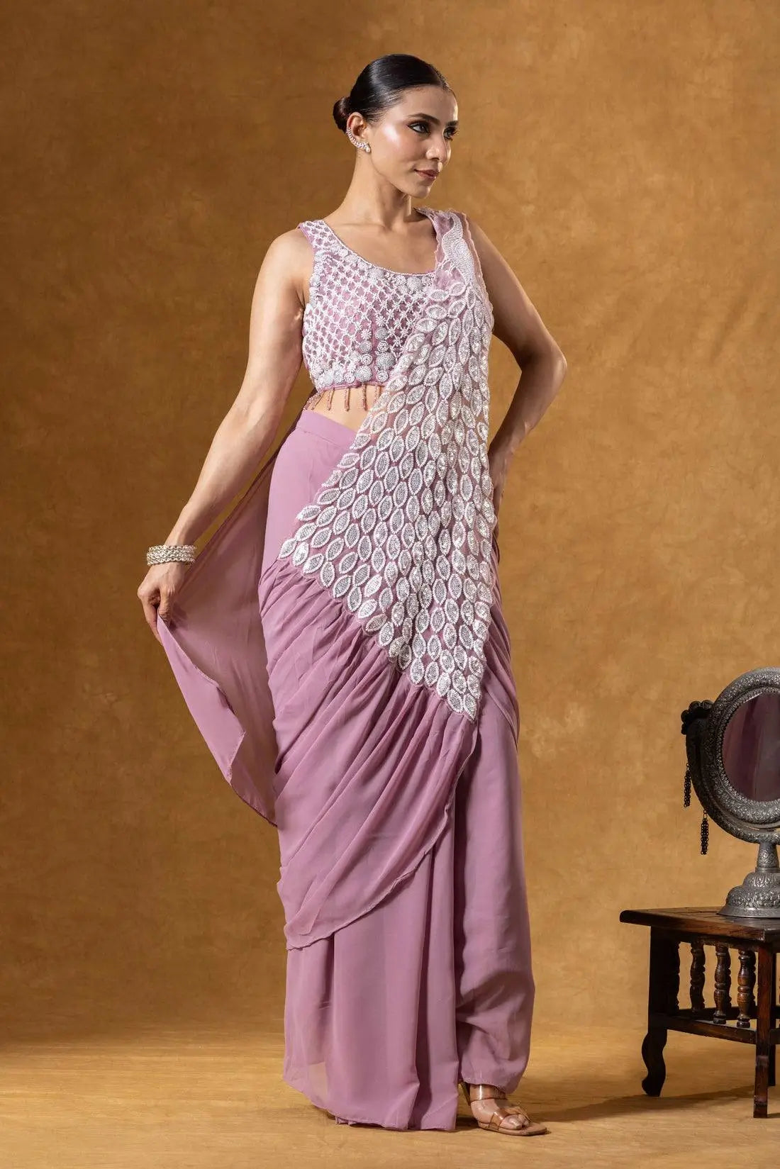 Embroidered Faux Georgette Ready to Wear Saree for Festive and Party Wear