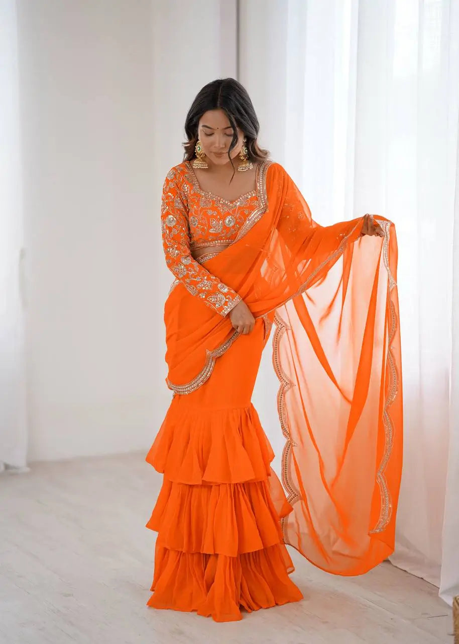 Embroidered Faux Georgette Ruffle Saree