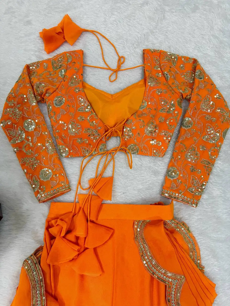 Embroidered Faux Georgette Ruffle Saree