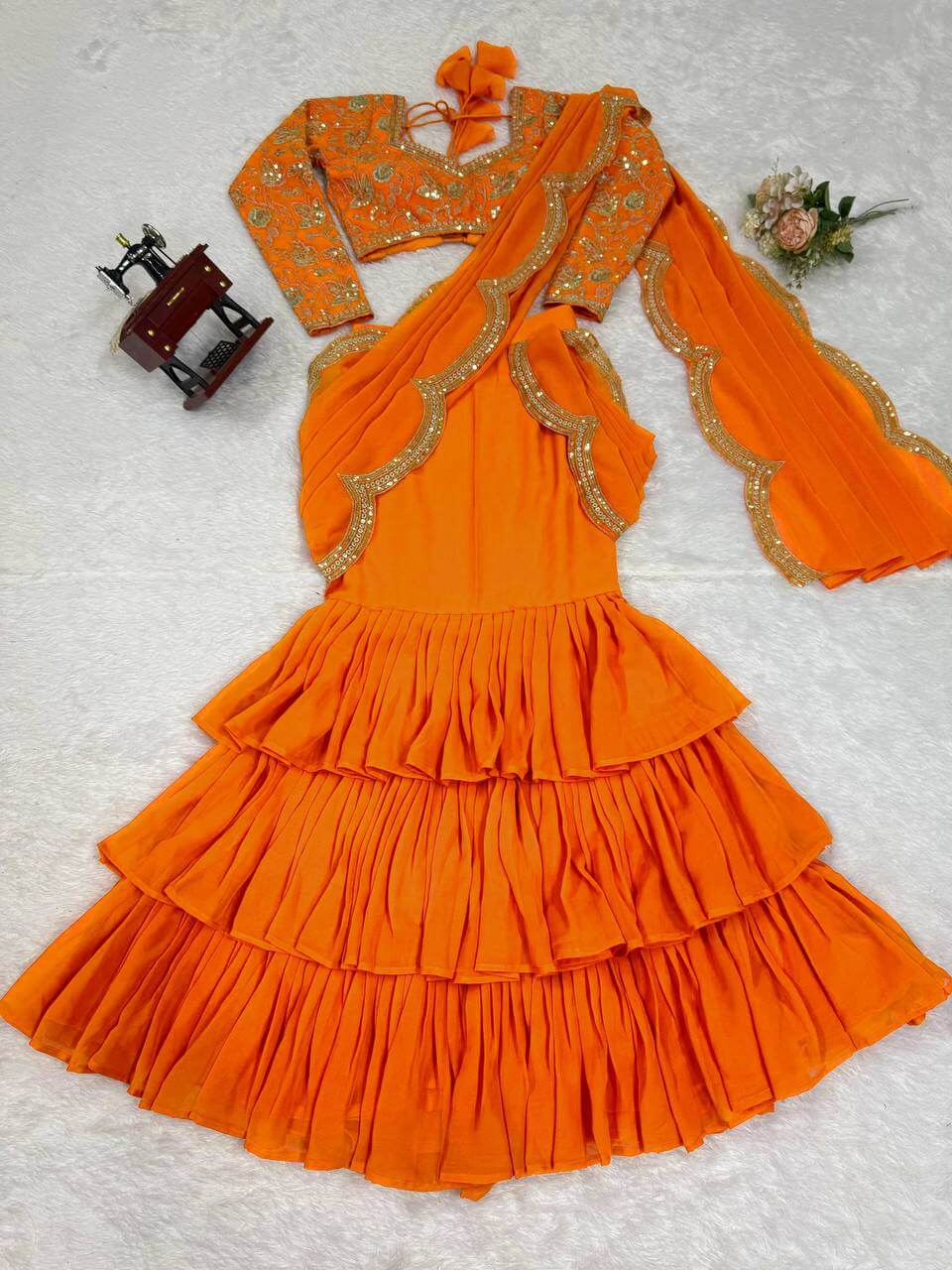 Embroidered Faux Georgette Ruffle Saree