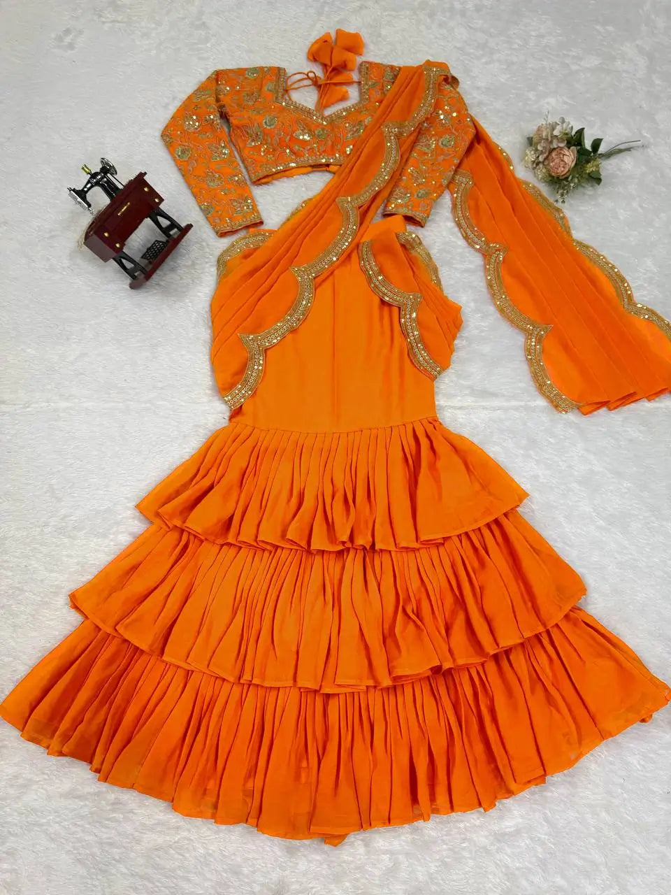 Embroidered Faux Georgette Ruffle Saree