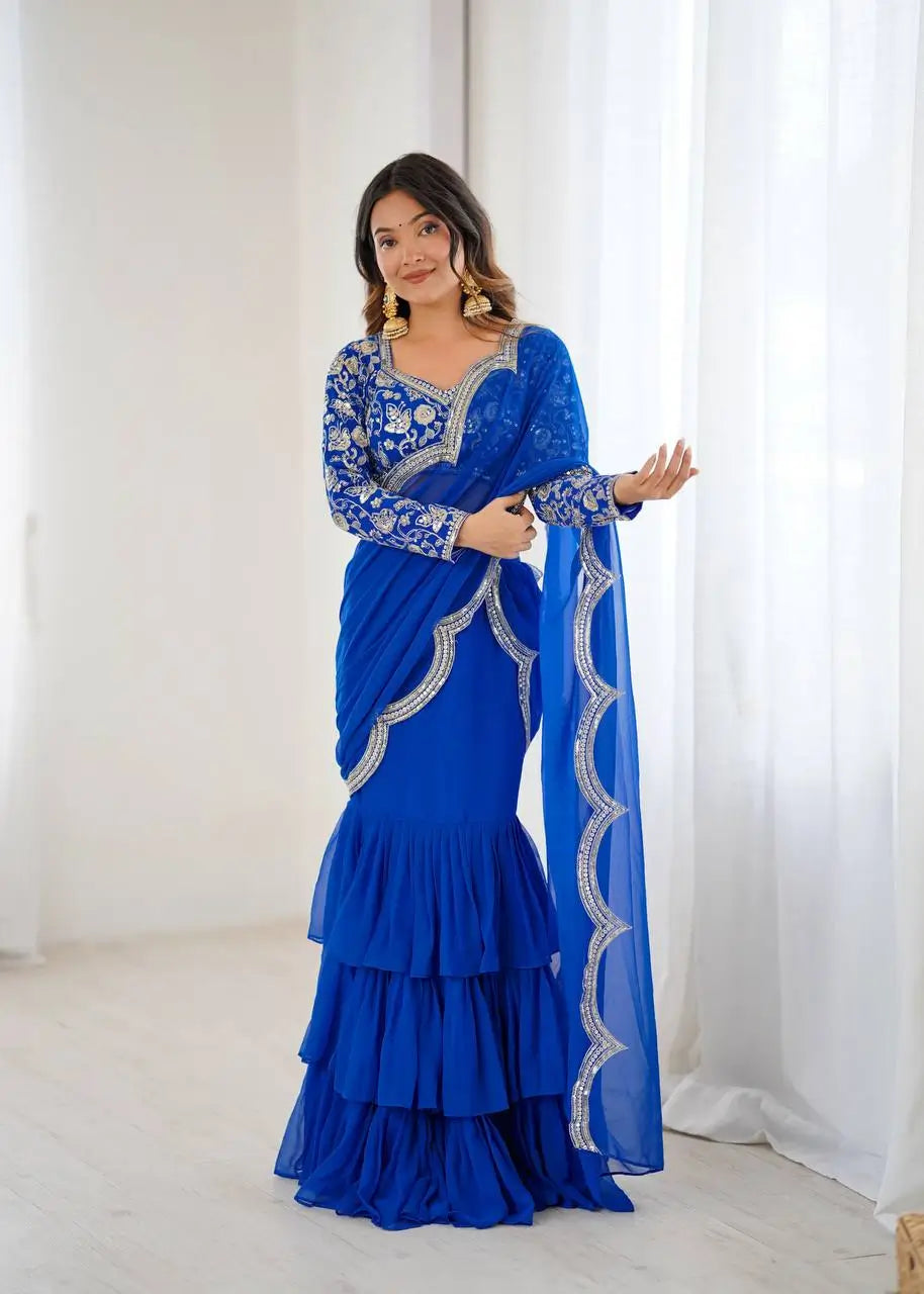 Embroidered Faux Georgette Ruffle Saree
