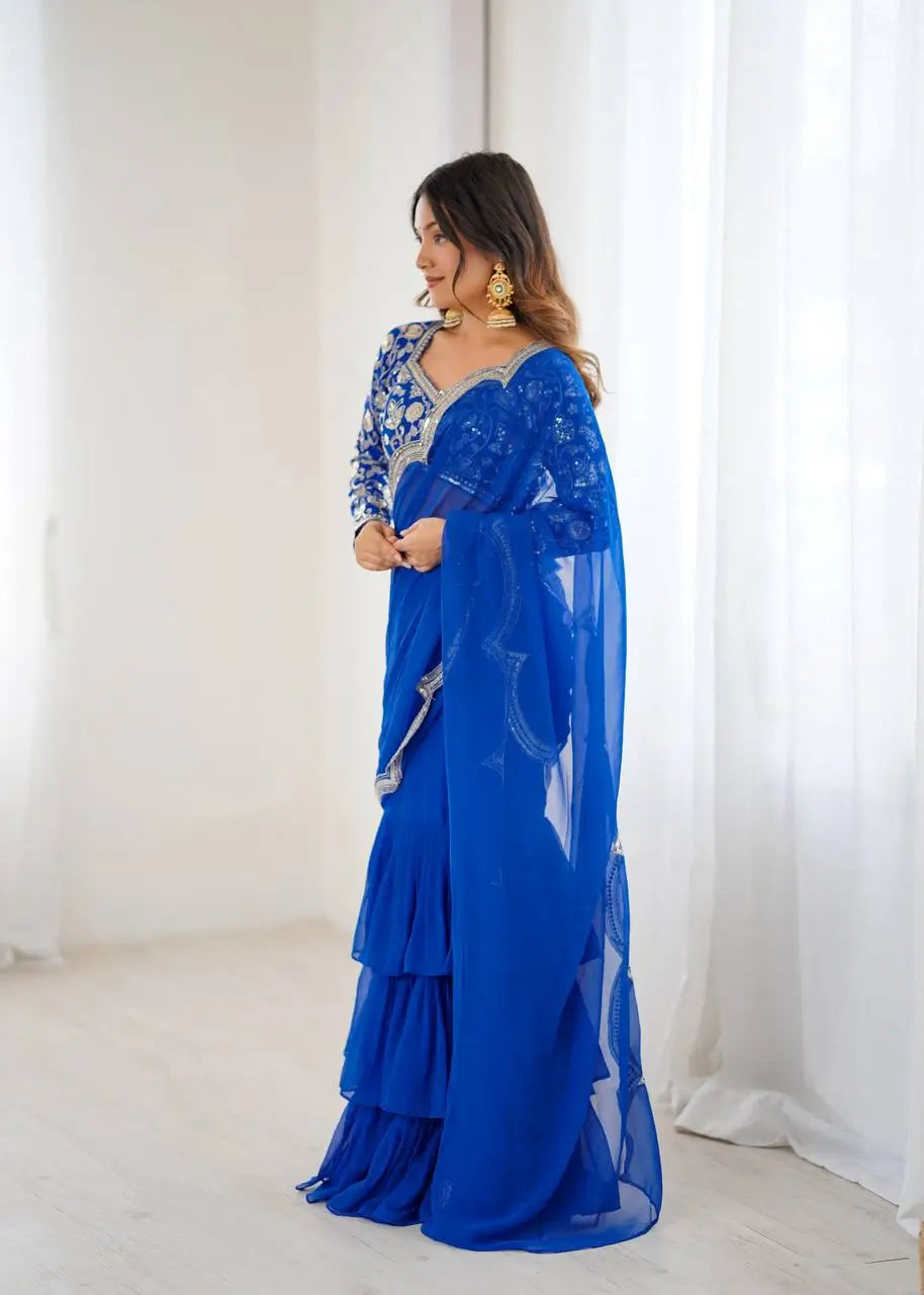 Embroidered Faux Georgette Ruffle Saree