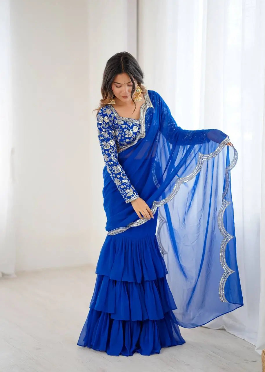 Embroidered Faux Georgette Ruffle Saree