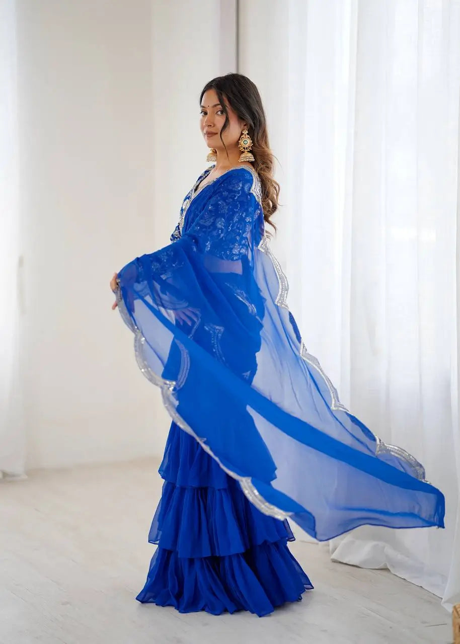 Embroidered Faux Georgette Ruffle Saree