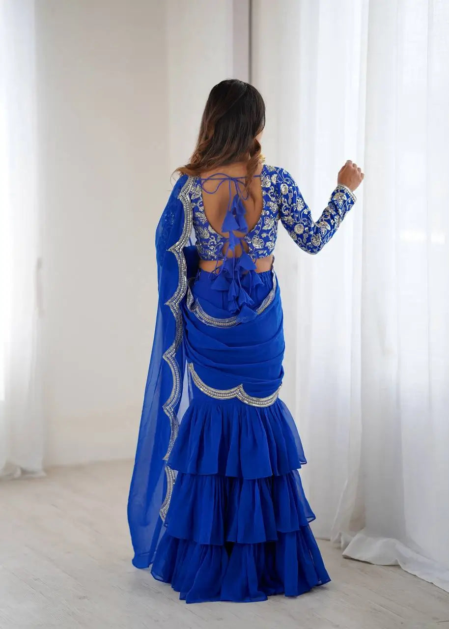 Embroidered Faux Georgette Ruffle Saree