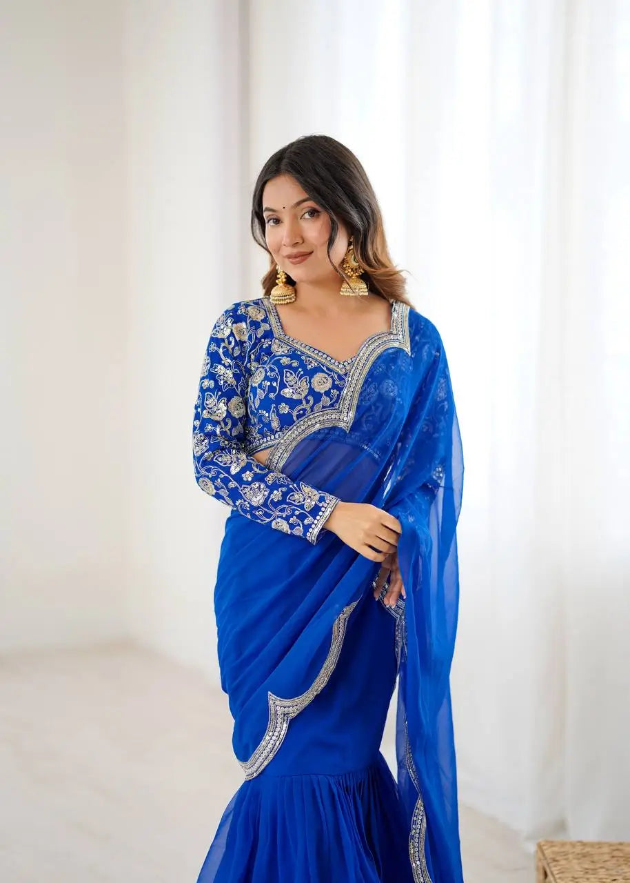 Embroidered Faux Georgette Ruffle Saree