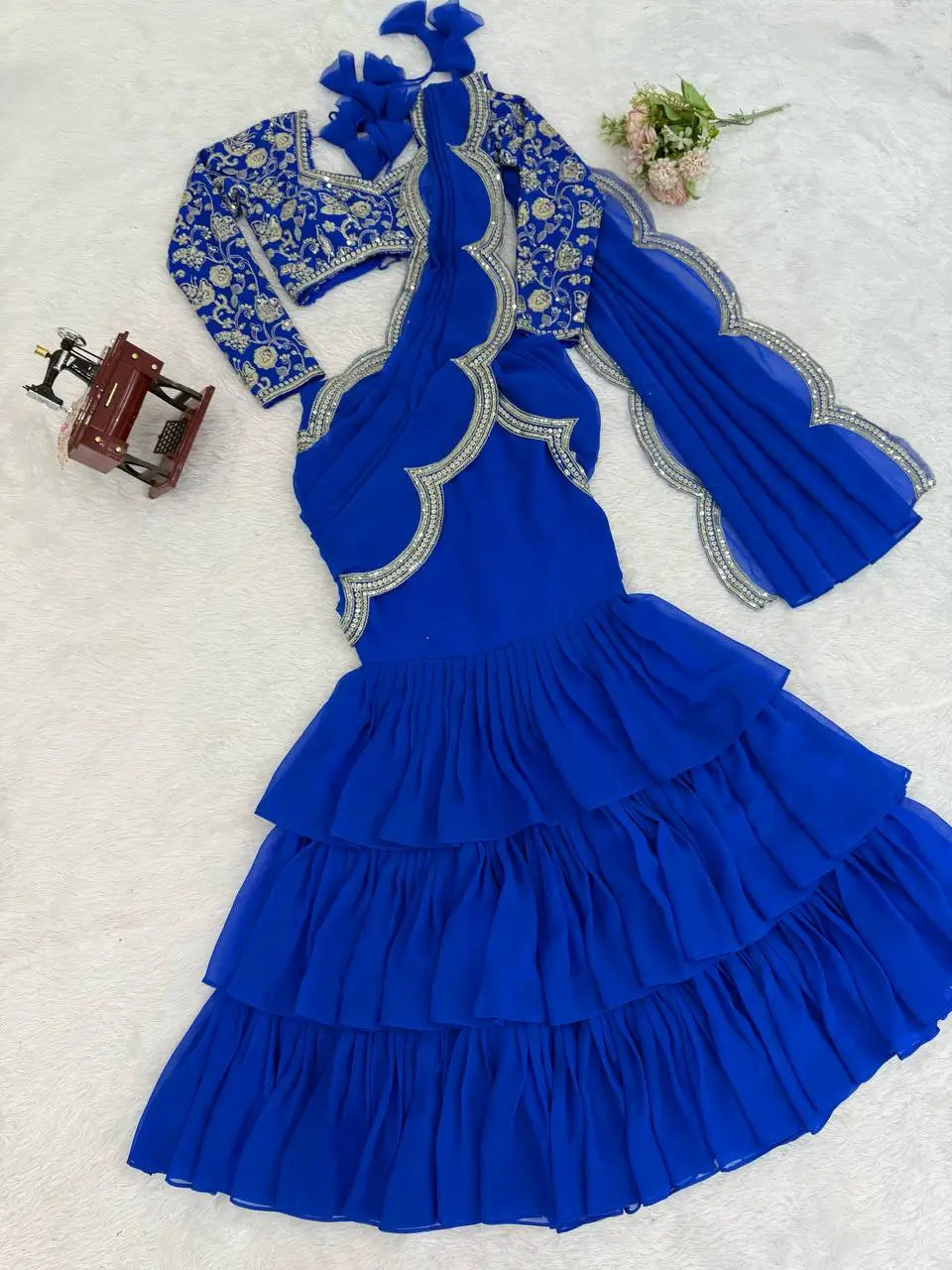 Embroidered Faux Georgette Ruffle Saree