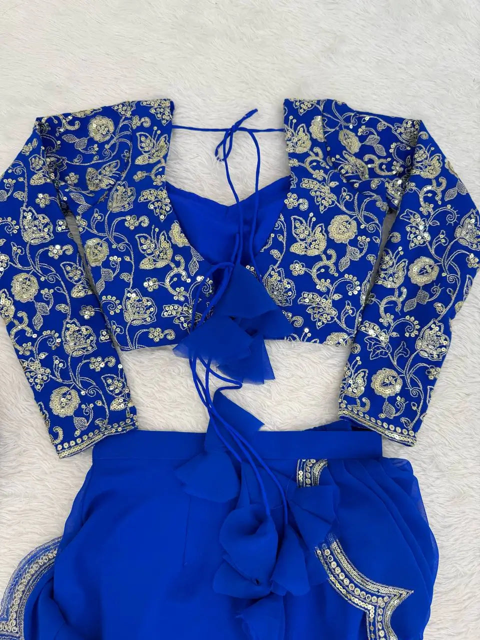 Embroidered Faux Georgette Ruffle Saree