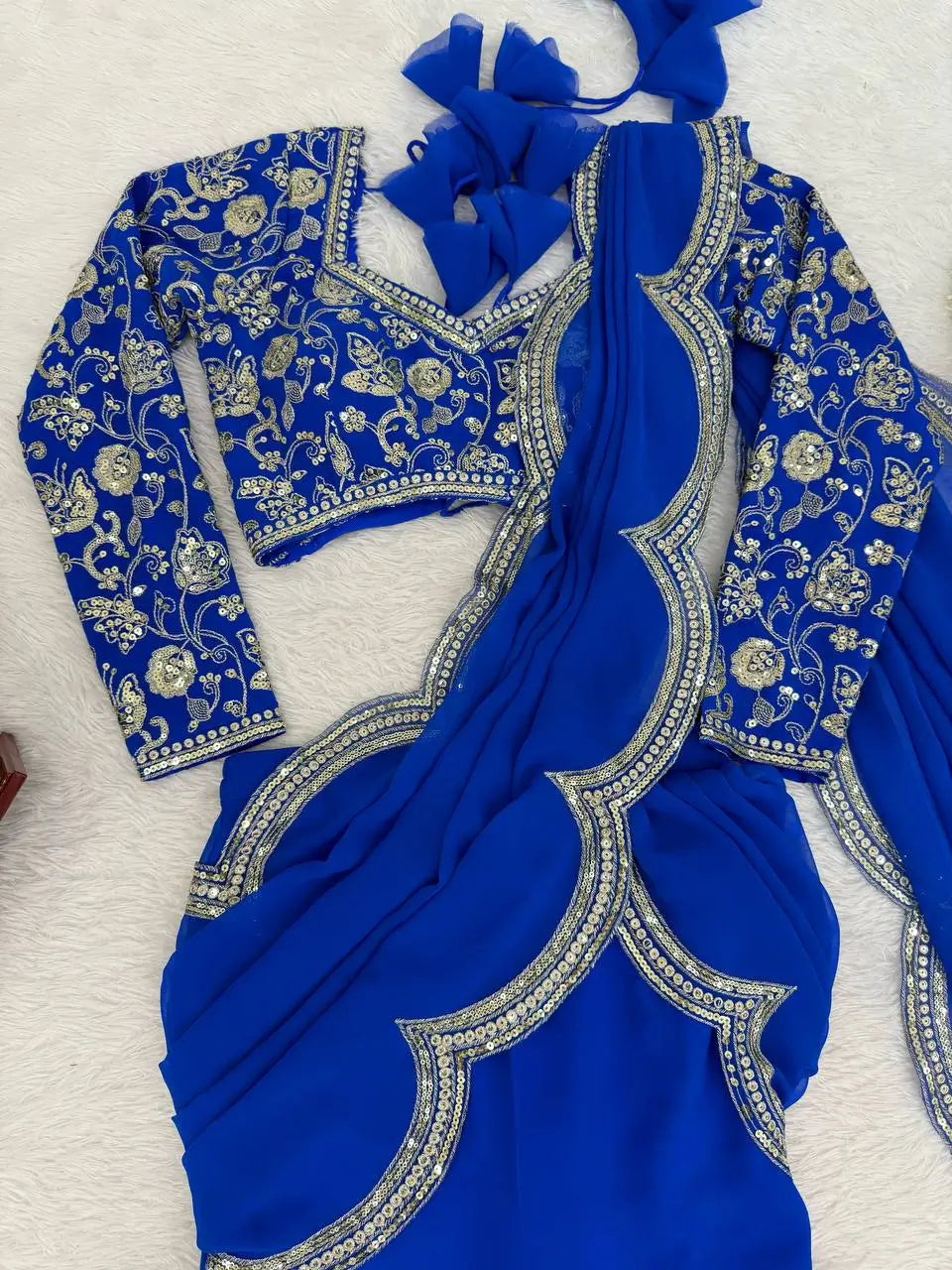 Embroidered Faux Georgette Ruffle Saree