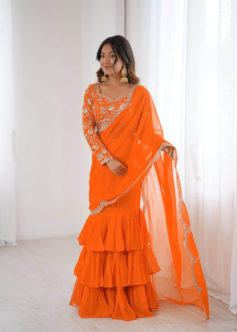 Embroidered Faux Georgette Ruffle Saree