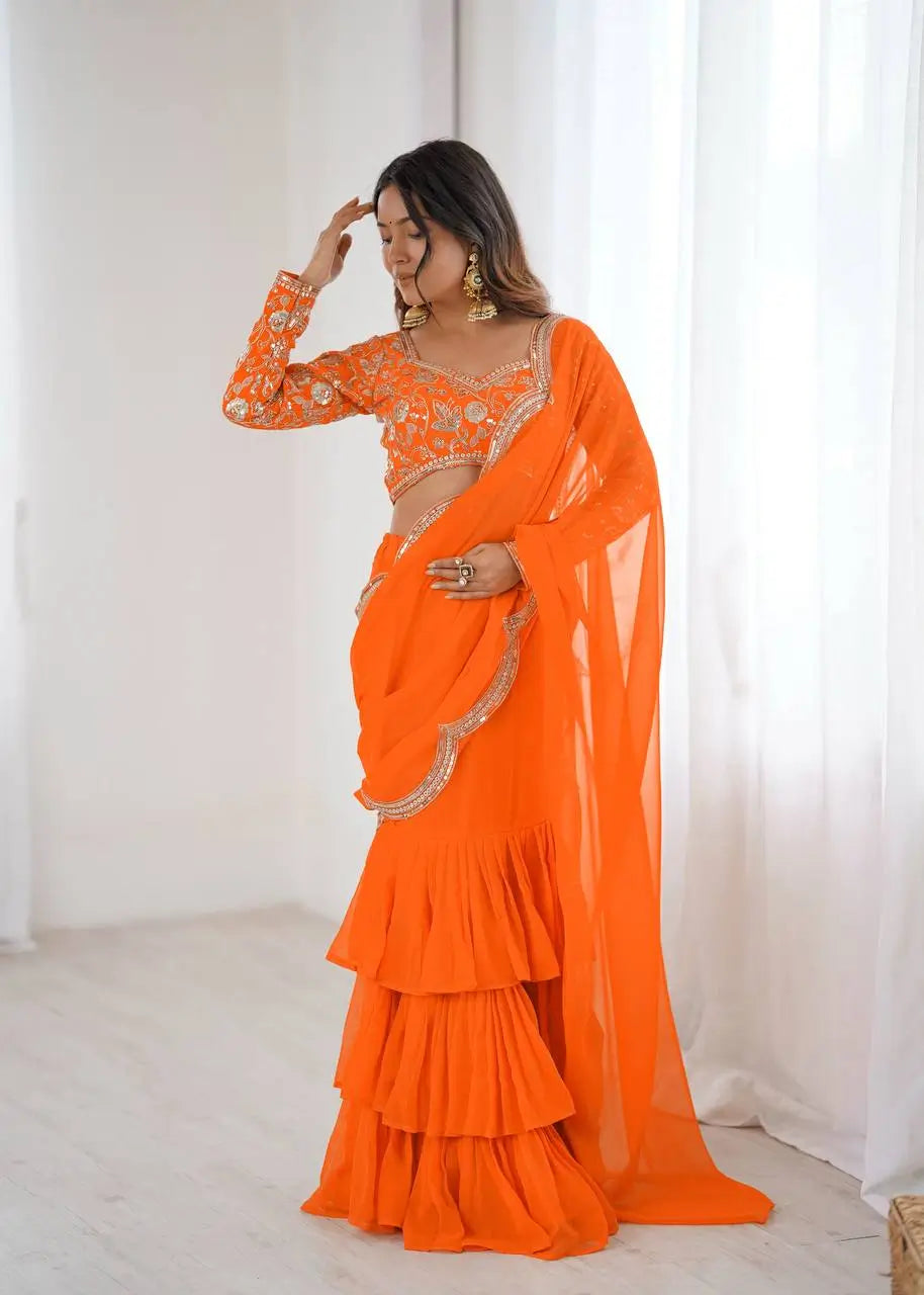 Embroidered Faux Georgette Ruffle Saree
