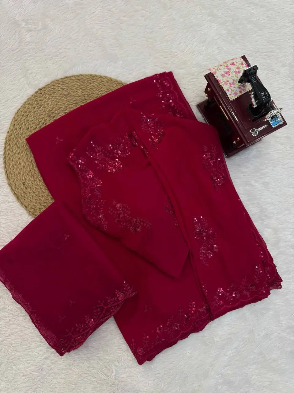 Embroidered Faux Georgette Saree Set with Net Dupatta