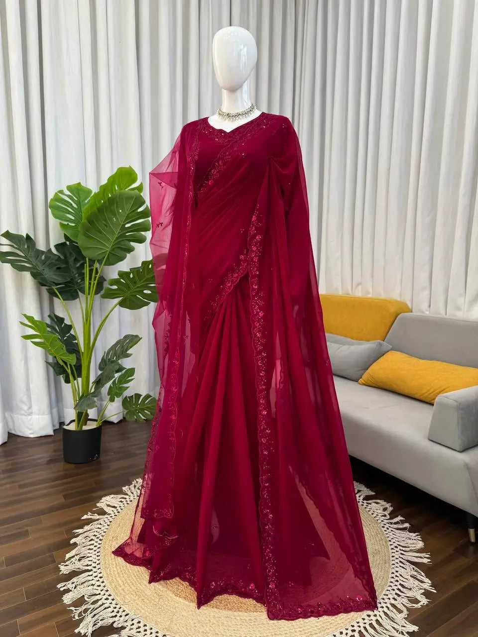 Embroidered Faux Georgette Saree Set with Net Dupatta