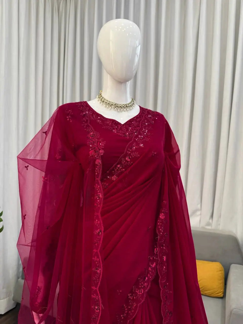 Embroidered Faux Georgette Saree Set with Net Dupatta